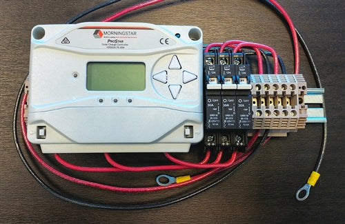 Eco-DIN-Rail ASK-DIN-PS30M > Fully Assembled DIN Rail with MorningStar PS-30M - 30 Amp 12/24 Volt PWM Charge Controller, Digital Meter and three 30A breakers